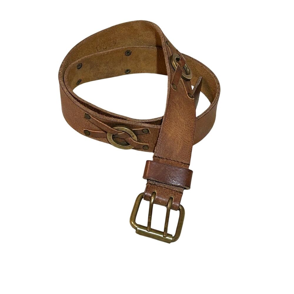 Vintage 70s Another Line Inc Brown Leather Belt Solid Brass Size Medium